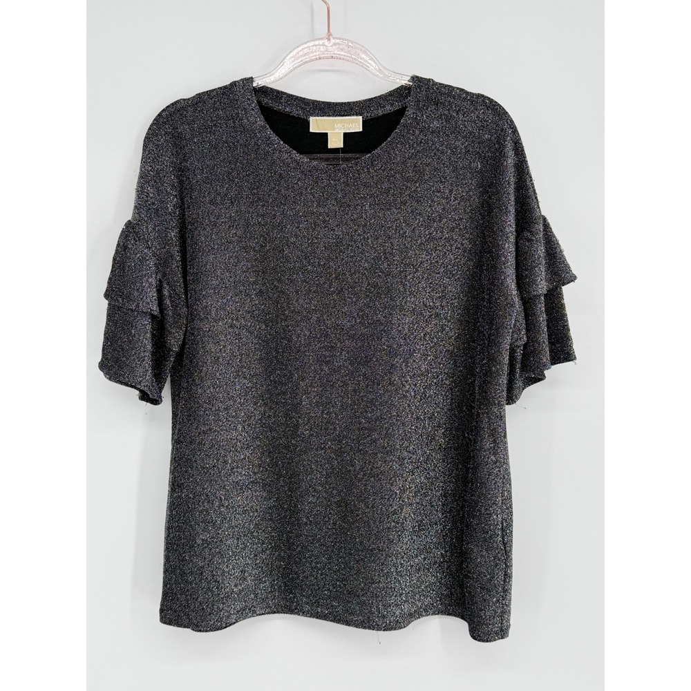 Michael‎ Michael Kors Silver Metallic Sparkle Ruffle Sleeve Top Womens Sz PL NEW